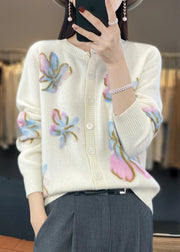 Floral White O Neck Button Cotton Knit Coat Spring