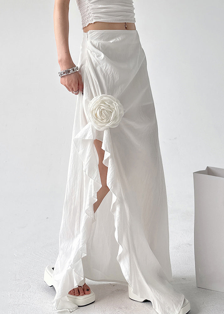 Floral White Side Open High Waist Cotton Skirts Fall