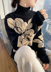 Floral White Turtleneck Patchwork Cotton Wool Knit Shirts Long Sleeve