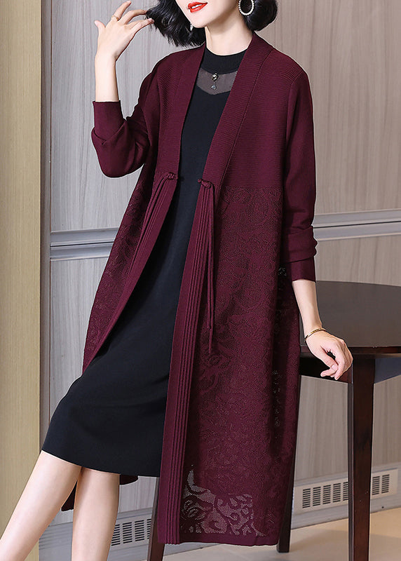 Floral Wine Red Button Hollow Out Cotton Knit Long Cardigan Spring