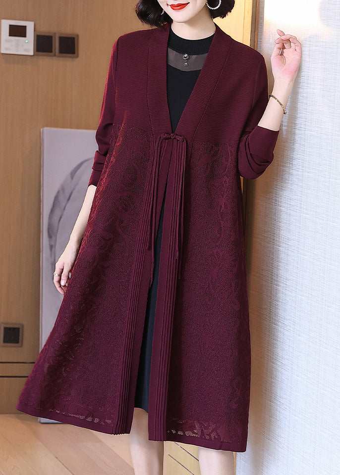 Floral Wine Red Button Hollow Out Cotton Knit Long Cardigan Spring