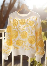 Floral Yellow O Neck Cozy Knit Fall Sweaters