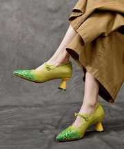 Fluorescent Green Embossed Buckle Strap Splicing Cowhide Leather Chunky High Heels