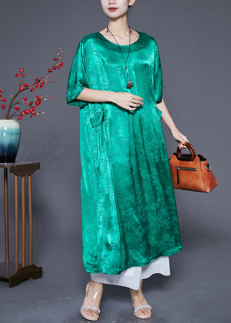 Fluorescent Green Silk Maxi Dresses O-Neck Pockets Summer