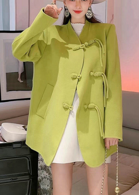 Fluorescent Green Woolen Coats Oversized Chinese Button Fall