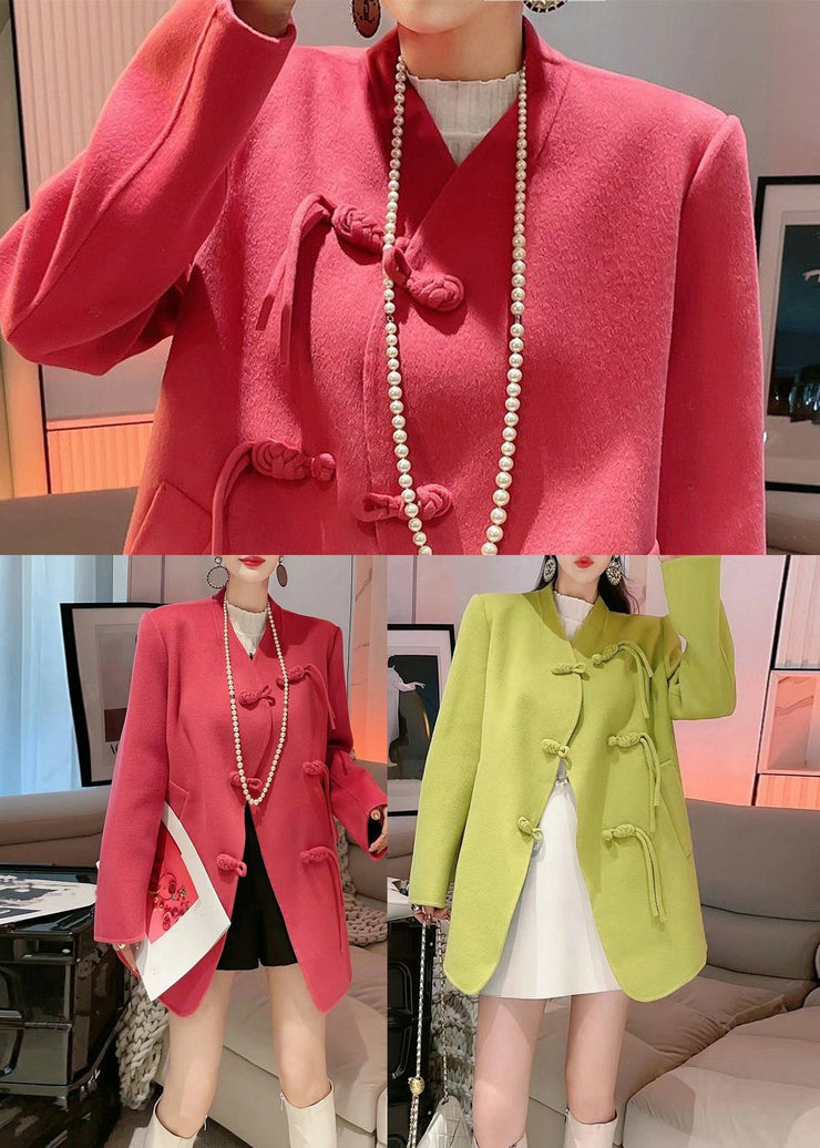 Fluorescent Green Woolen Coats Oversized Chinese Button Fall