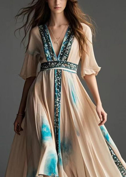 French Apricot Asymmetrical Print Chiffon Tea Dress Summer