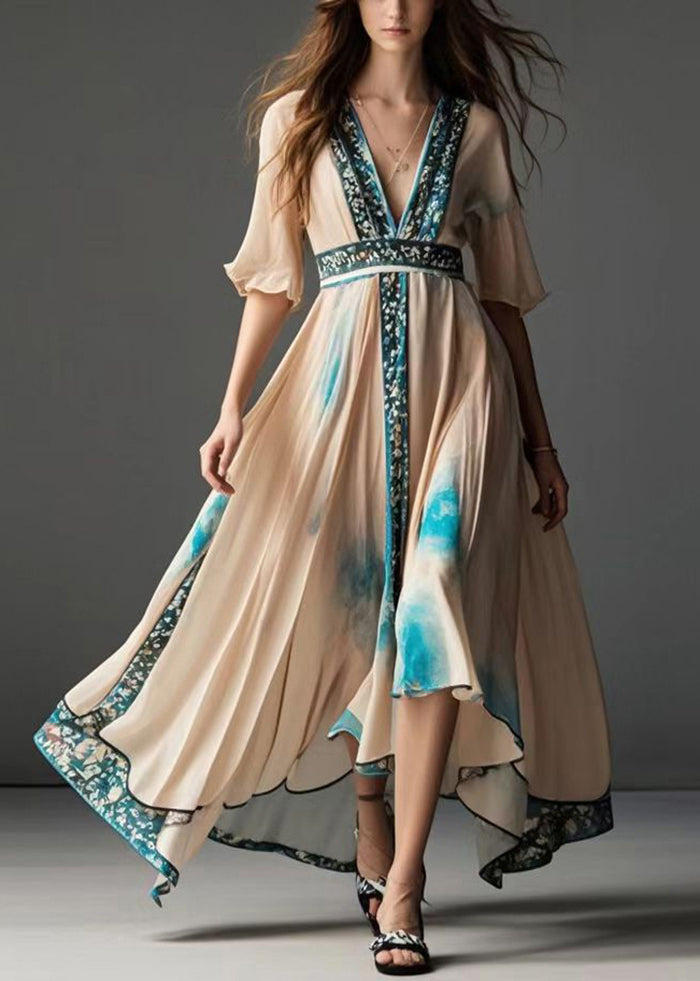 French Apricot Asymmetrical Print Chiffon Tea Dress Summer