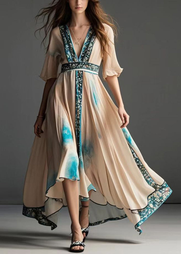 French Apricot Asymmetrical Print Chiffon Tea Dress Summer