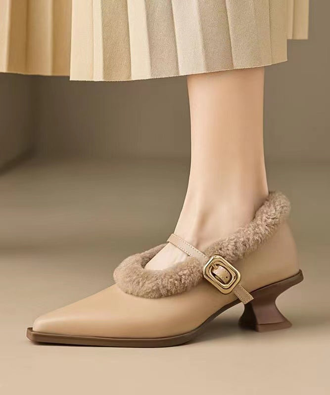 French Apricot Buckle Strap Fuzzy Wool Lined Pointed High Heels