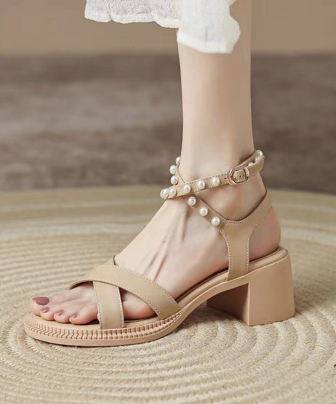 French Apricot Chunky Heel Cross Strap Sandals Peep Toe Nail Bead