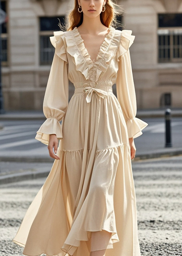 French Apricot Cinched Ruffled Chiffon Party Dresses Fall