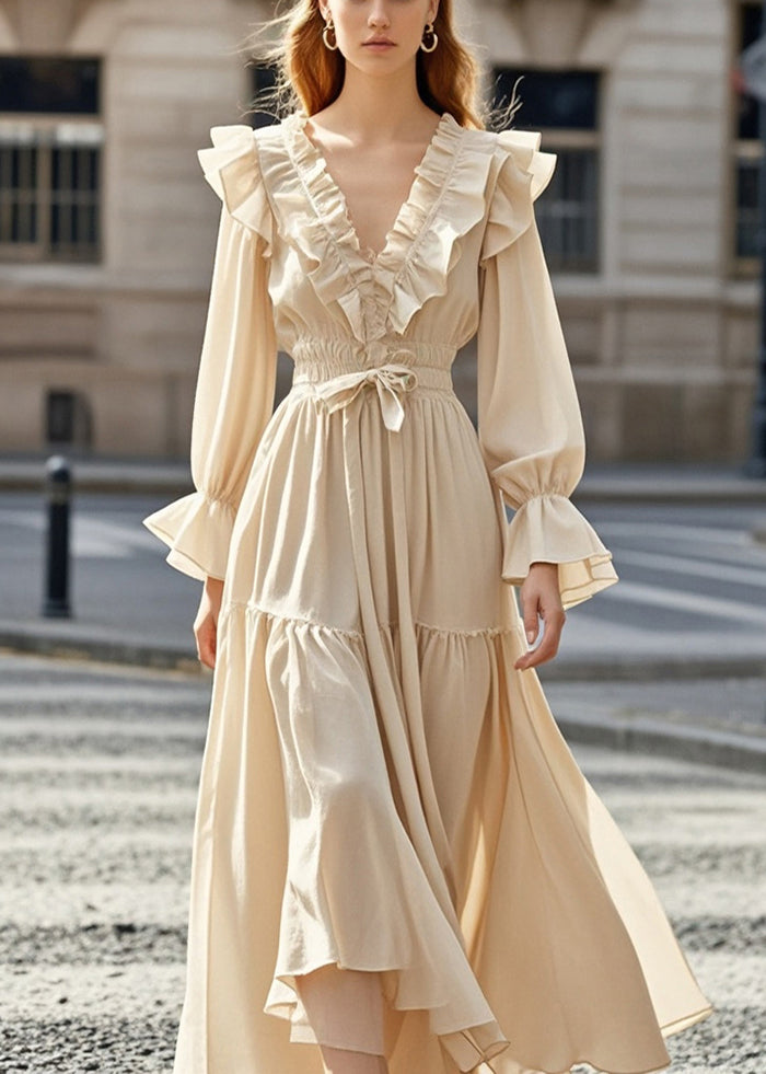 French Apricot Cinched Ruffled Chiffon Party Dresses Fall