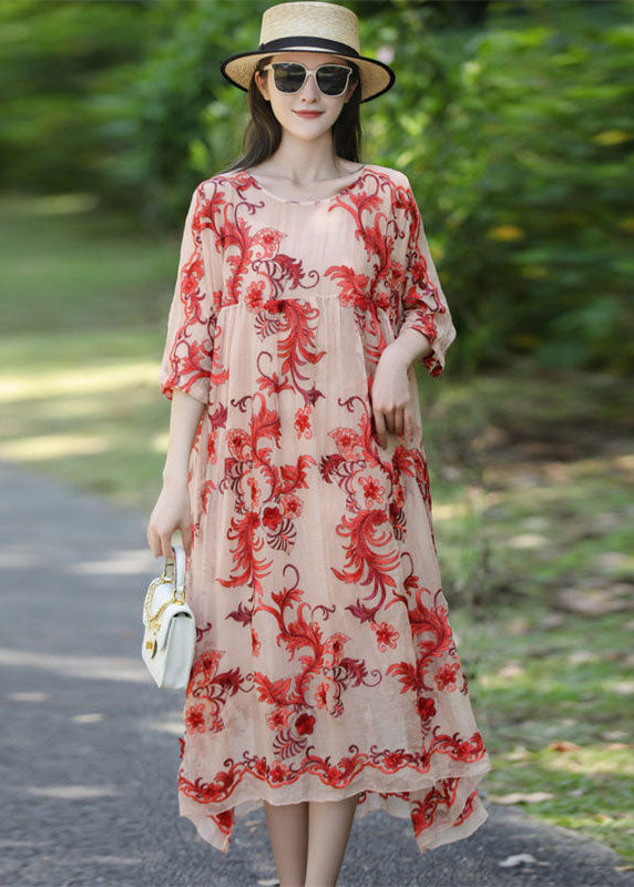 French Apricot Embroideried Oversized Silk Holiday Dress Summer