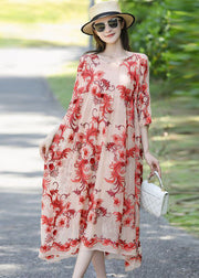 French Apricot Embroideried Oversized Silk Holiday Dress Summer