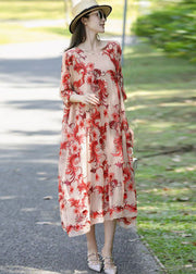 French Apricot Embroideried Oversized Silk Holiday Dress Summer