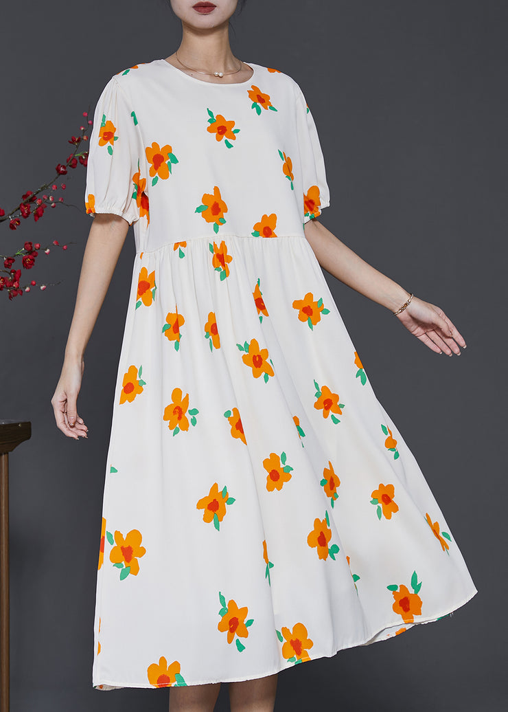 French Apricot Floral Print Cotton Holiday Dress Summer