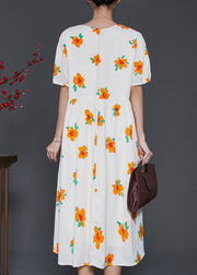 French Apricot Floral Print Cotton Holiday Dress Summer