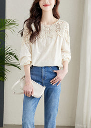 French Apricot Hollow Out Lace Patchwork Cotton Shirts Top Spring