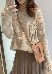 French Apricot O Neck Hollow Out Floral Knit Sweaters Fall