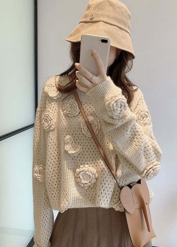 French Apricot O Neck Hollow Out Floral Knit Sweaters Fall