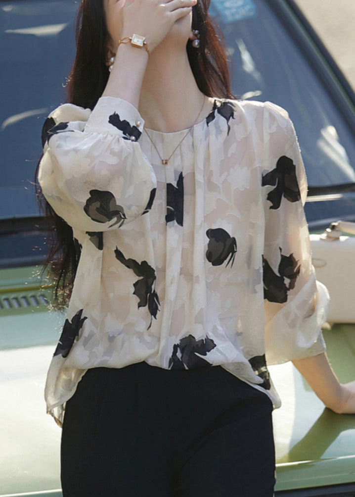 French Apricot O Neck Print Chiffon Top Fall