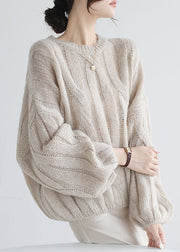 French Apricot O Neck Puff Sleeve Cable Knit Woolen Sweater