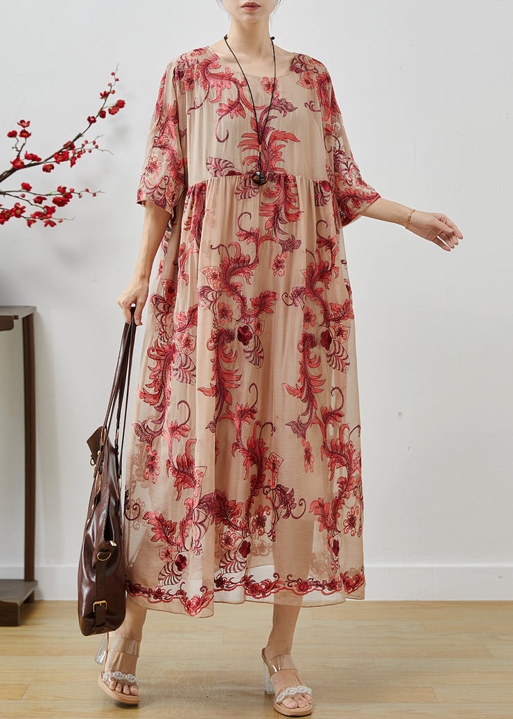 French Apricot Oversized Embroidered Chiffon Long Dresses Summer