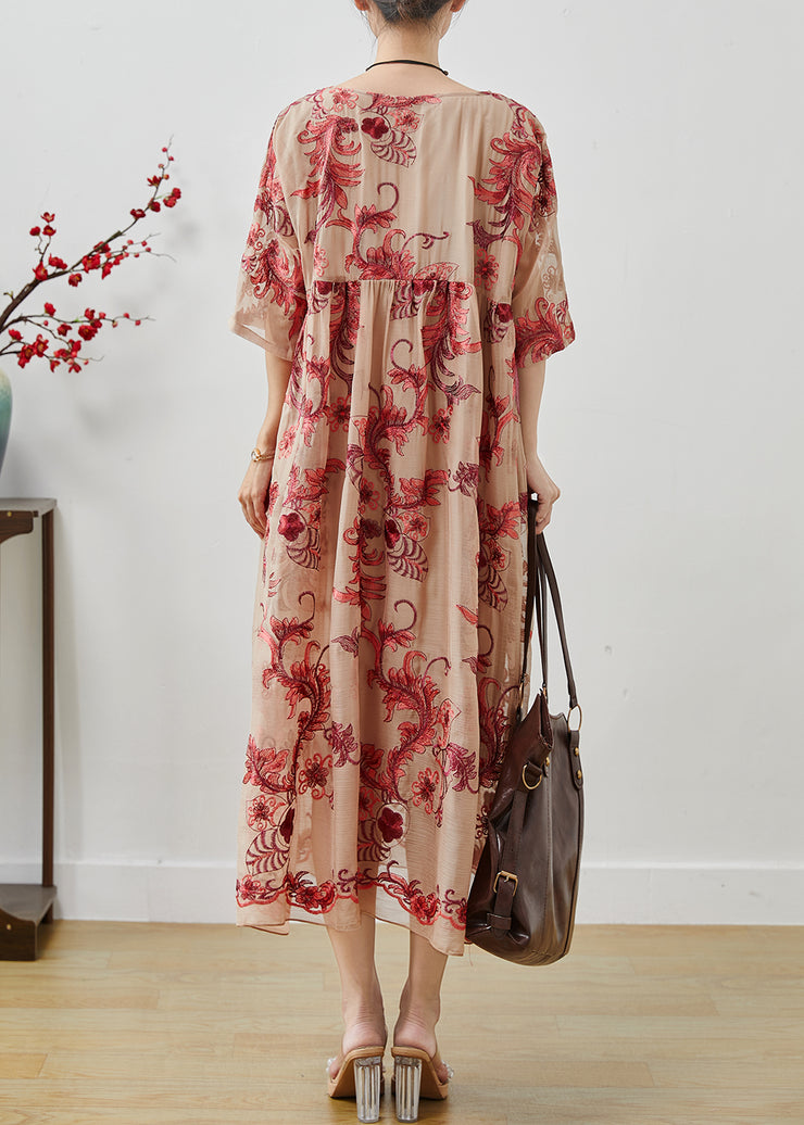 French Apricot Oversized Embroidered Chiffon Long Dresses Summer