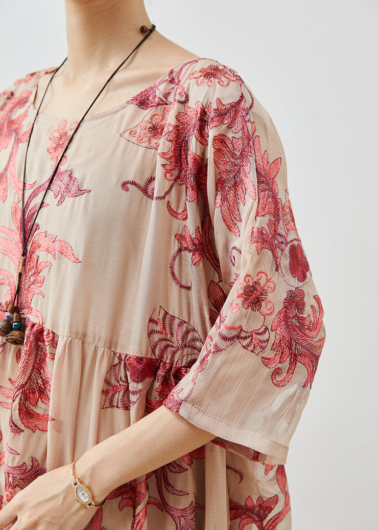 French Apricot Oversized Embroidered Chiffon Long Dresses Summer