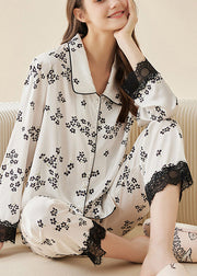 French Apricot Peter Pan Collar Print Lace Patchwork Ice Silk Pajamas Two Pieces Set Spring