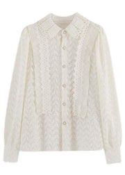 French Apricot Ruffled Button Patchwork Lace Shirt Long Sleeve