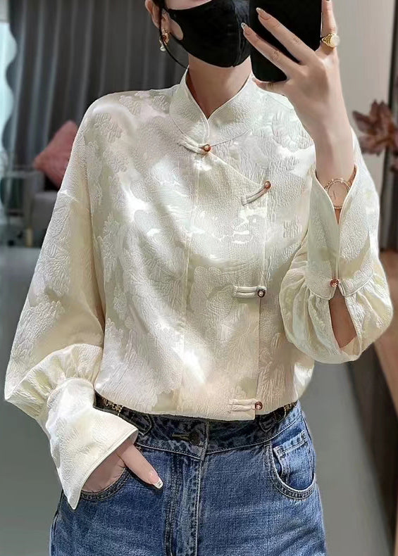 French Apricot Stand Collar Print Silk Blouses Spring