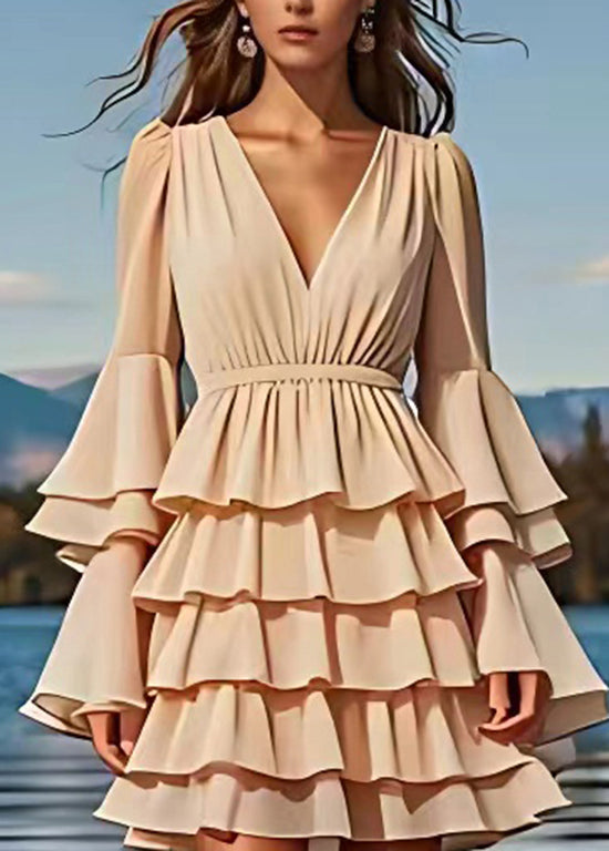 French Apricot V Neck Layered Ruffled Chiffon Dress Flare Sleeve