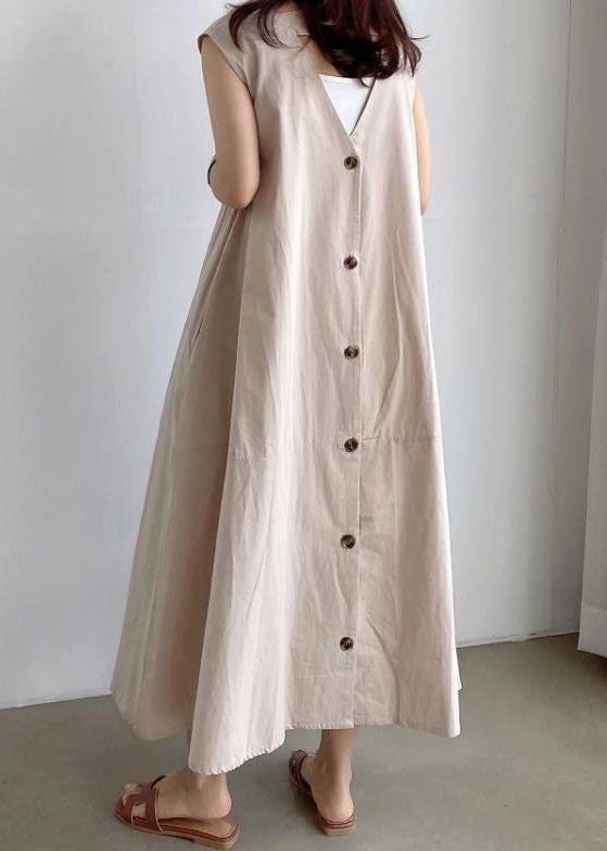 French Apricot V Neck Patchwork Button Cotton Maxi Dresses Sleeveless