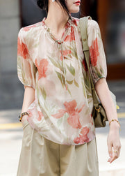 French Apricot V Neck Print Chiffon Top Summer