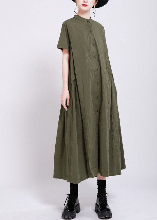 French Army Green Button Patchwork Wrinkled Cotton Long Dress Summer