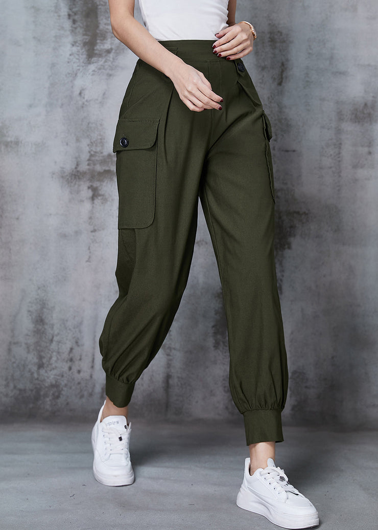 French Army Green Elastic Waist Pockets Cotton Overalls Pants Spring