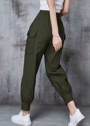 French Army Green Elastic Waist Pockets Cotton Overalls Pants Spring