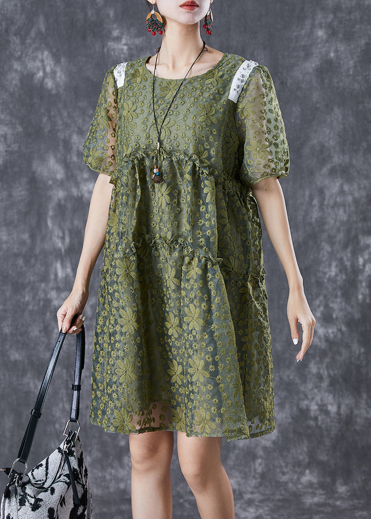 French Army Green Embroideried Ruffled Tulle Vacation Dresses Summer