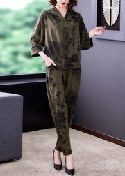 French Army Green Hooded Print Silk Two Pieces Set Spring