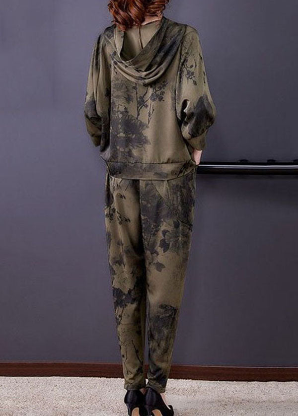 French Army Green Hooded Print Silk Two Pieces Set Spring