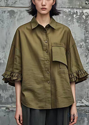 French Army Green Oversized Cotton Tops Flare Sleeve