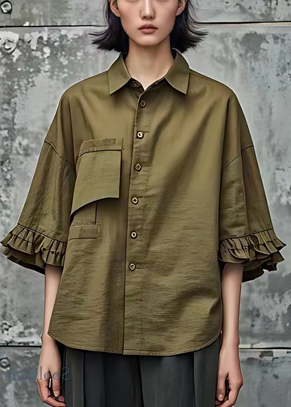 French Army Green Oversized Cotton Tops Flare Sleeve