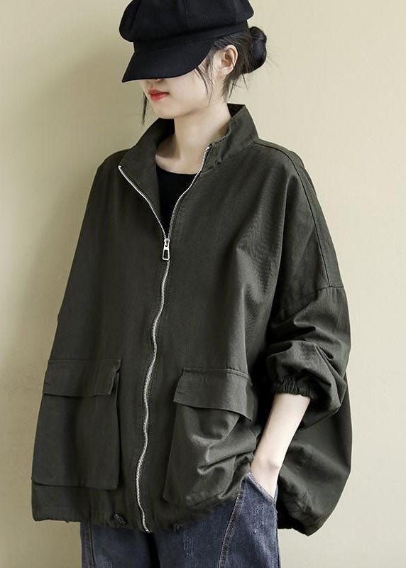 French Army Green Oversized Zippered Pockets Warm Fleece Coat Fall