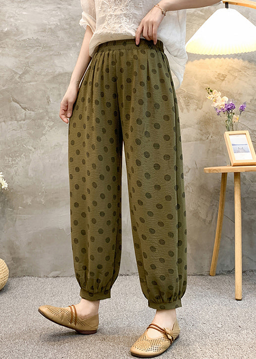 French Army Green Pockets Elastic Waist Cotton Harem Pants Summer