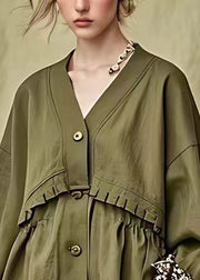 French Army Green Ruffled Button Cotton Coats Fall