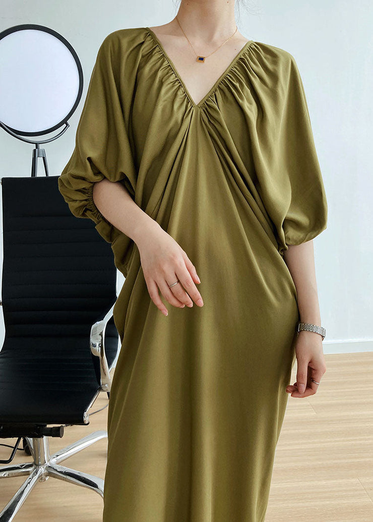 French Army Green V Neck Oversized Cotton Long Dresses Lantern Sleeve