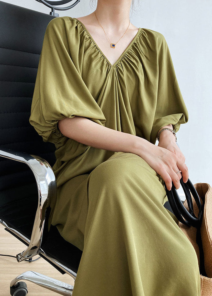 French Army Green V Neck Oversized Cotton Long Dresses Lantern Sleeve