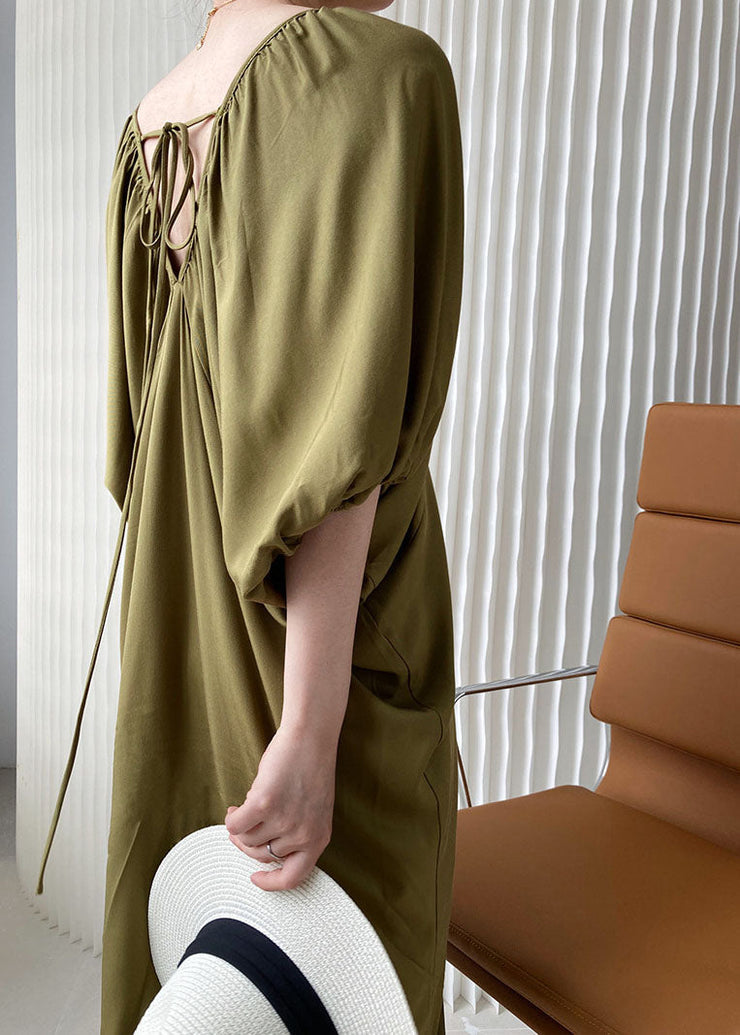 French Army Green V Neck Oversized Cotton Long Dresses Lantern Sleeve